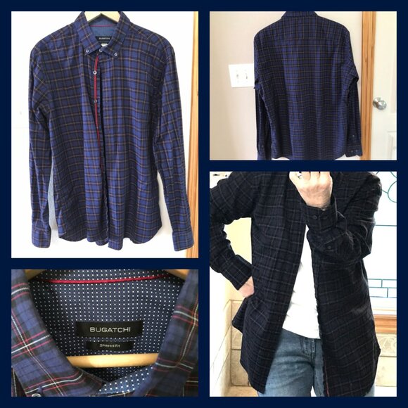 Bugatchi Button-Down Oxford Shirt: Vintage Collar Shirt Purple Plaid, Size Large - Picture 10 of 10